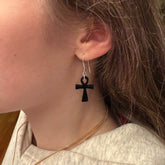 Small Black jade ankh cross earrings. Handmade jade jewellery made by NZ Pacific and for sale online. Beautiful art to wear.